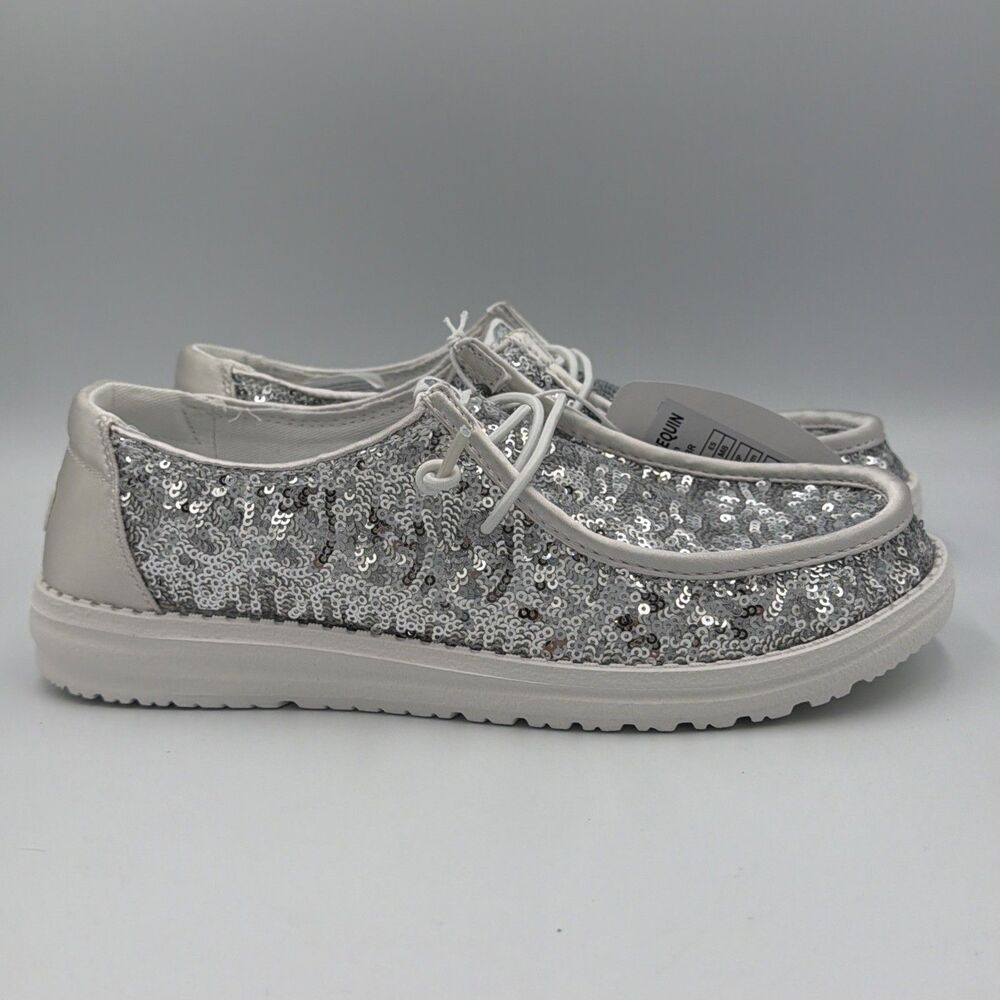 Hey Dude Wendy Women's 8 Silver Disco Sequin Casual Shoes Slip On 42695-13R